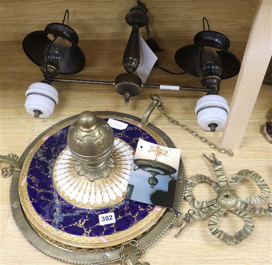 A brass mounted porcelain light and a double hanging ceiling light